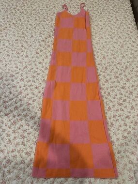 Pepper Mayo Pink & Orange Checkerboard Maxi Dress